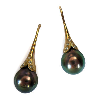 Black Pearl & Diamond Bud Drop Earrings