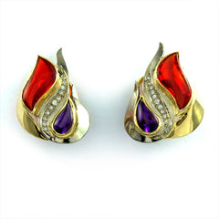 Mexican Fire Opal, Amythest & Diamonds Leaf Design Earrings